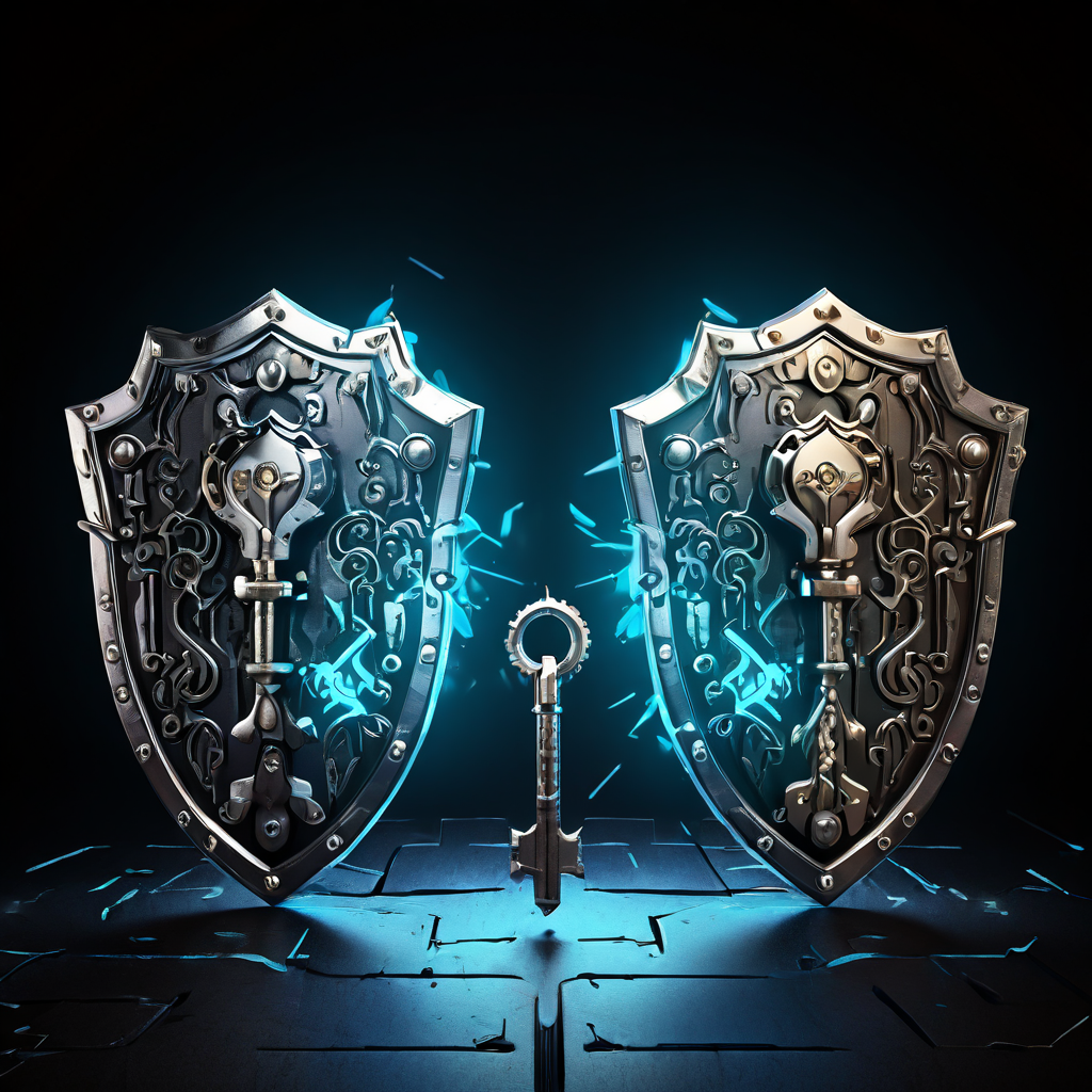 데이터베이스 트랜잭션 충돌 관리의 두 가지 패러다임인 비관적 락과 낙관적 락을 상징적으로 표현한 이미지로, 충돌하는 두 방패와 하나로 합쳐지는 두 개의 열쇠를 통해 각 접근법의 핵심 개념을 시각화합니다.