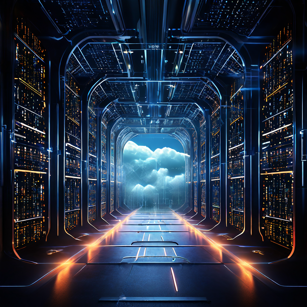 계층적 암호화 보호층으로 보안된 디지털 터널이 하이브리드 클라우드 네트워크 핵심을 통해 데이터 패킷을 안전하게 전송하는 과정을 시각화한 개념도입니다.