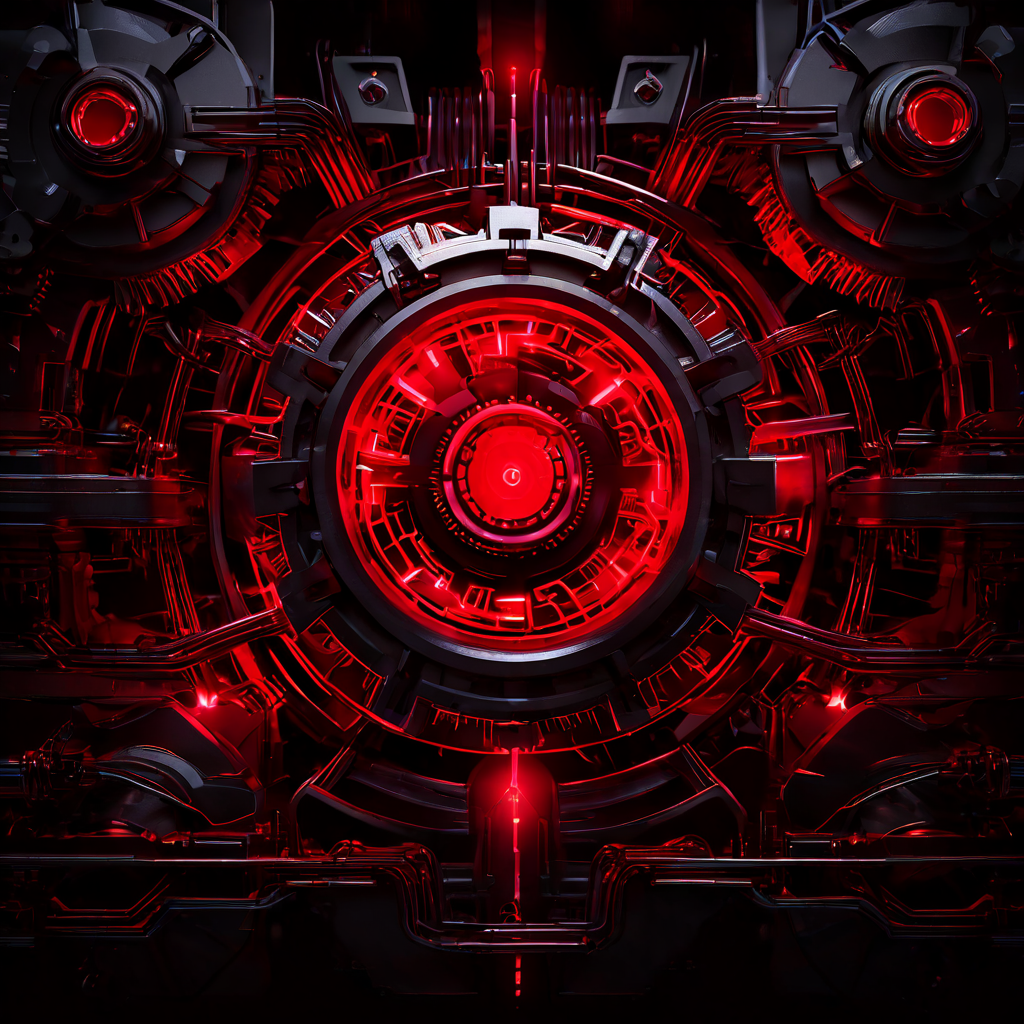 복잡하게 맞물린 톱니바퀴 시스템이 정지 상태에 빠지면서 빨간색 경고 시스템이 막힌 연결부를 스캔하고 강조하는 기술적 고장 또는 시스템 오류 개념을 시각화한 이미지입니다.