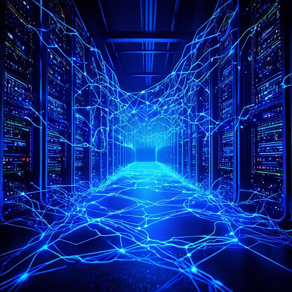 데이터 흐름 최적화와 병목 현상을 대조적으로 보여주는 복잡한 서버 네트워크 이미지로, 원활히 캐싱되는 데이터 스트림과 질문표 장애물에 지연되는 대비를 설명합니다.