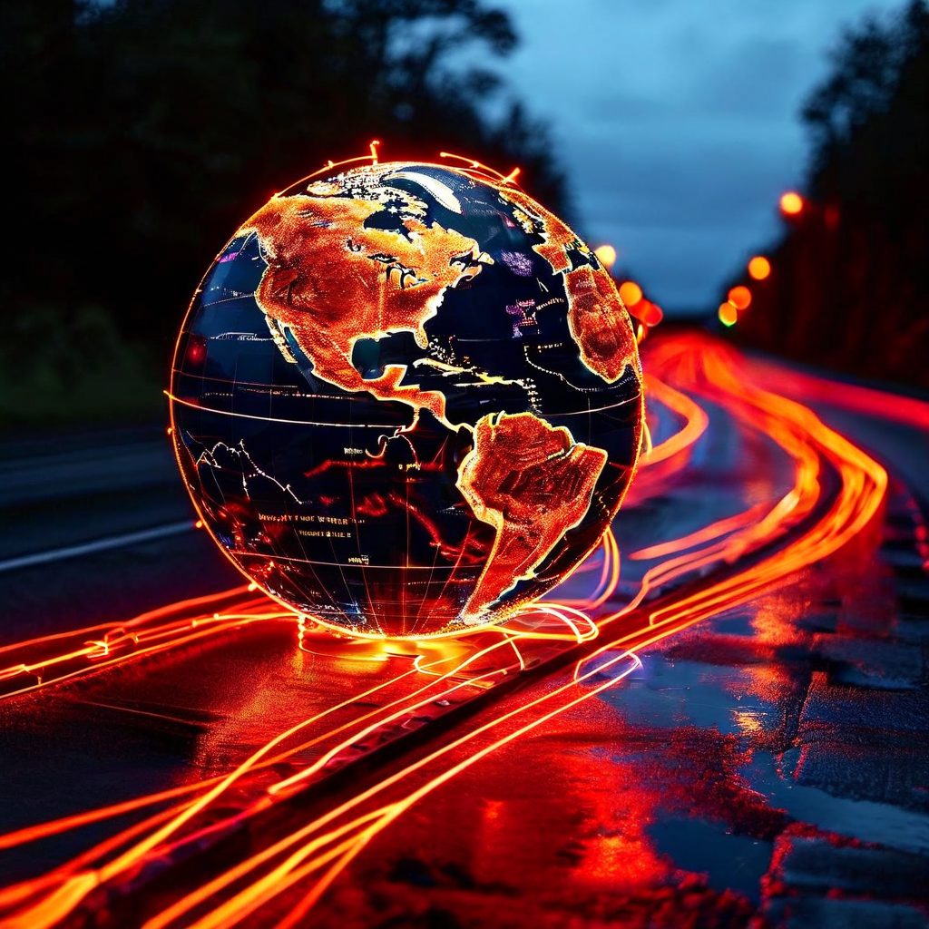 악의적인 행위자가 BGP 경로 표지를 조작하여 글로벌 데이터 흐름을 왜곡시키는 사이버 보안 위협을 디지털 지구본과 빛나는 경로선으로 시각화한 개념도입니다.