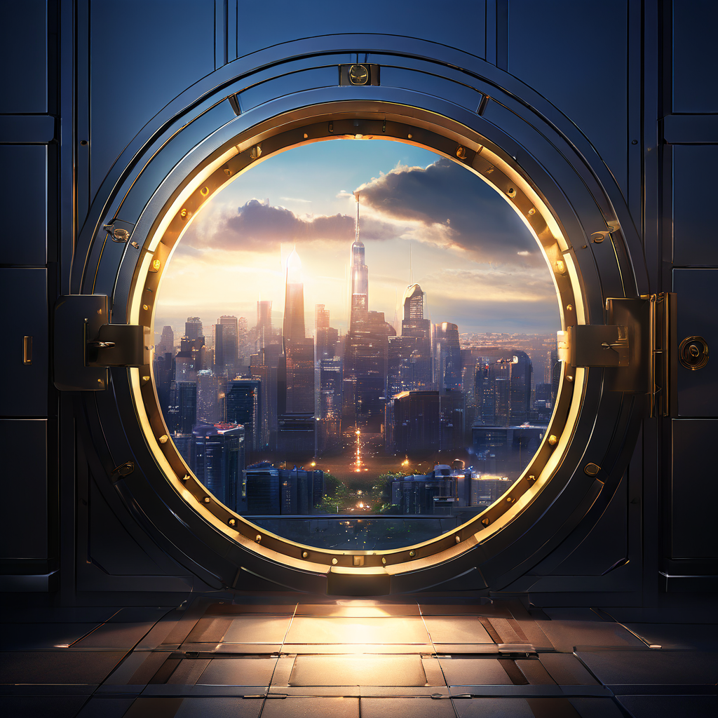 행동 기반 보안의 경제적 가치를 상징하는 강력한 금고 문이 열리며 번영하는 도시 스카이라인이 드러나는 이미지입니다.