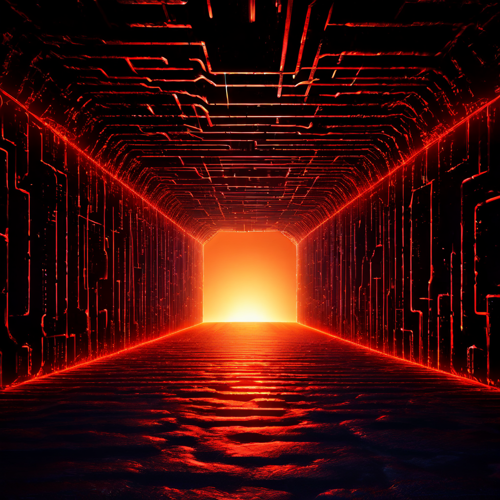 격리된 가상 네트워크 세그먼트 내에서 안전한 데이터 흐름을 상징하는 빛나는 요새 벽을 관통하는 디지털 터널을 묘사한 개념도입니다.