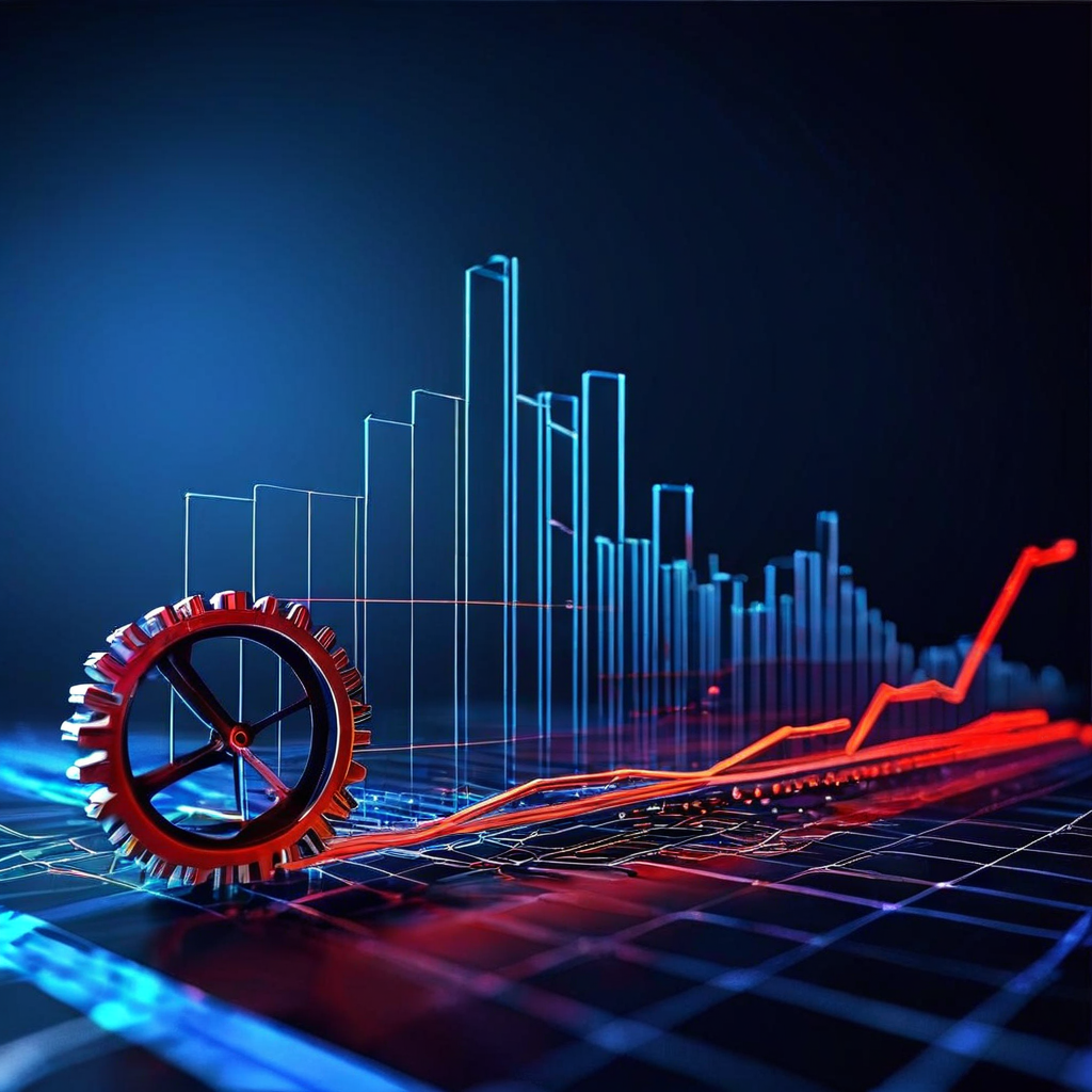 렌더링 최적화 수준이 향상될수록 사용자 성능과 비즈니스 지표도 함께 직선 상승하는 강한 정비례 관계를 나타내는 그래프로, 기어와 속도계 아이콘으로 효율성과 속도를 상징합니다.