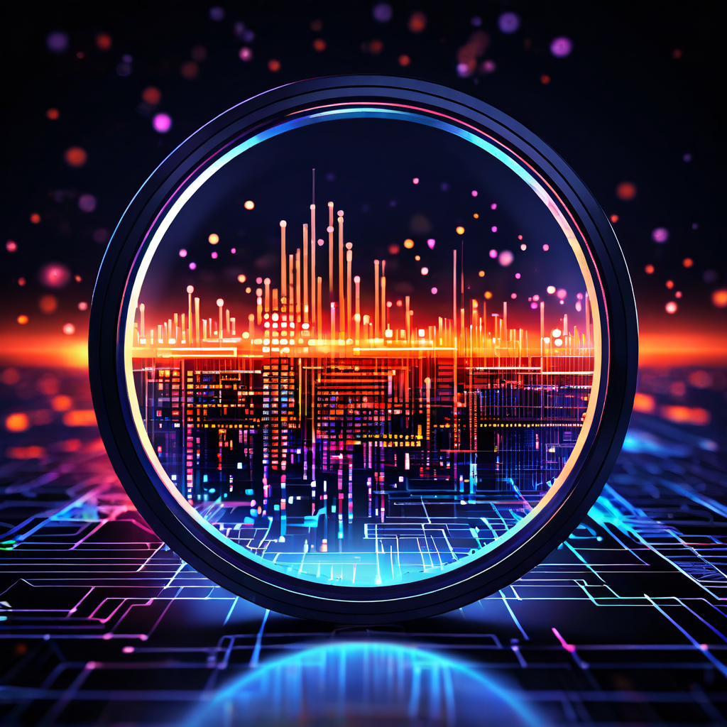 서버 로그 파일 위에 놓인 돋보기가 깔끔한 데이터 흐름을 기하학적 형태와 강조된 패턴으로 변환하여 데이터 전처리와 특징 공학 과정을 상징적으로 표현한 이미지입니다.