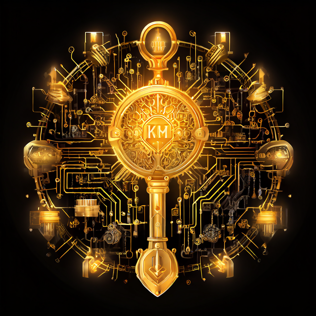 데이터와 애플리케이션의 흐름이 KMS로 표시된 디지털 요새를 통해 중앙의 빛나는 금색 키로 향하며 키 관리의 중요성과 보안 절차를 시각적으로 설명하는 다이어그램입니다.