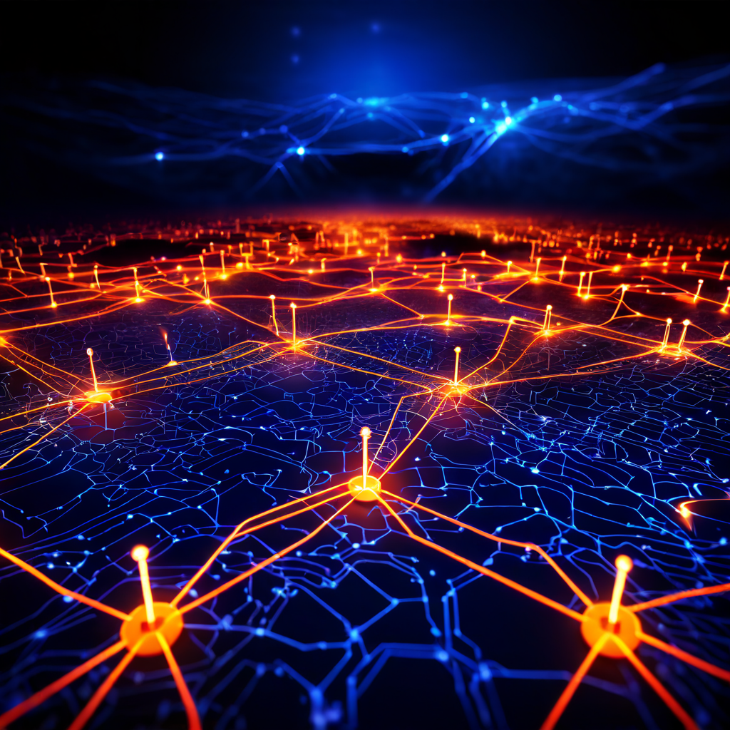 복잡한 네트워크에서 상호 연결된 노드들을 따라 흐르는 빛나는 디지털 요청 경로와 시작부터 끝까지 강조된 단일 경로가 종단 간 추적 개념을 시각화한 이미지입니다.