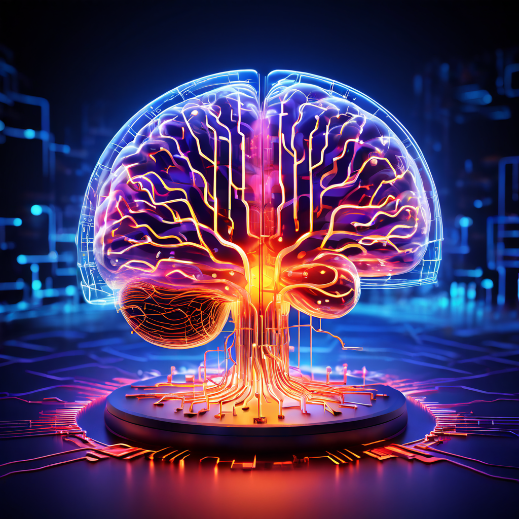 데이터 스트림으로 과부하된 뇌 반구와 공감의 파장을 발산하는 반구가 결합되어 초현실적 디지털 풍경을 형성하는 빛나는 뇌 회로도 이미지입니다.