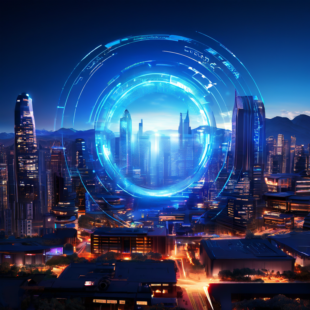 가상 배경 기술의 핵심인 빛나는 디지털 코어가 활기찬 도시를 구동하는 반면, 전면부에서는 단순한 필터 렌즈가 파편화되는 모습을 상징적으로 보여주는 이미지입니다.