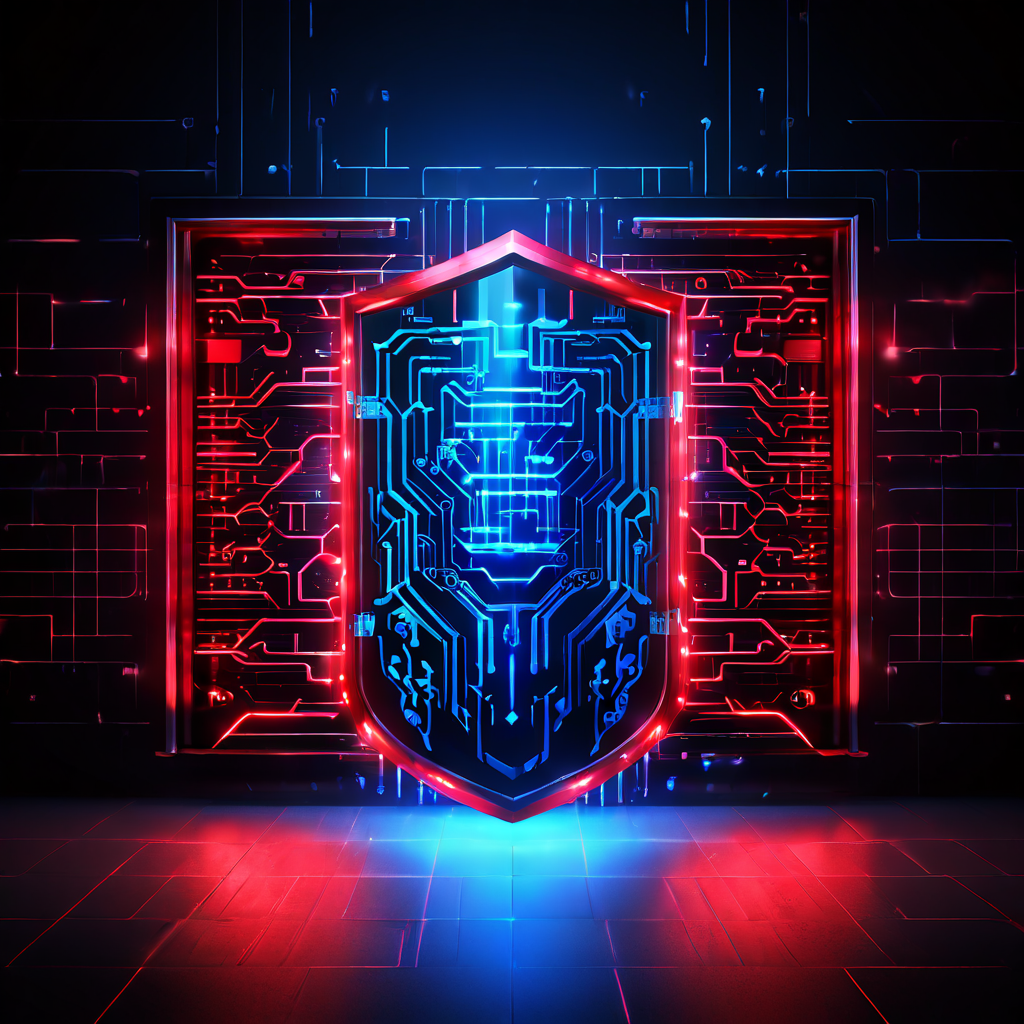 API 코드로 구성된 디지털 방어막이 빨간색 사이버 공격 화살표를 막아내며, 안전한 데이터 저장소가 배후에서 보호받고 있는 사이버 보안 개념을 시각화한 이미지입니다.