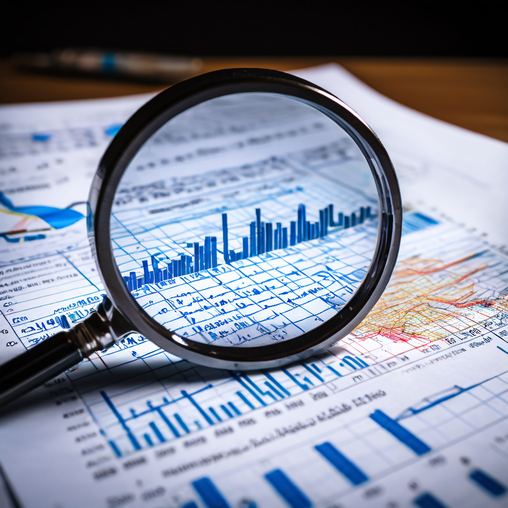 확대경으로 들여다본 스프레드시트 표면의 지표 아래에는 위험을 경고하는 심볼과 함께 데이터의 숨겨진 문제점이 드러나고 있습니다.