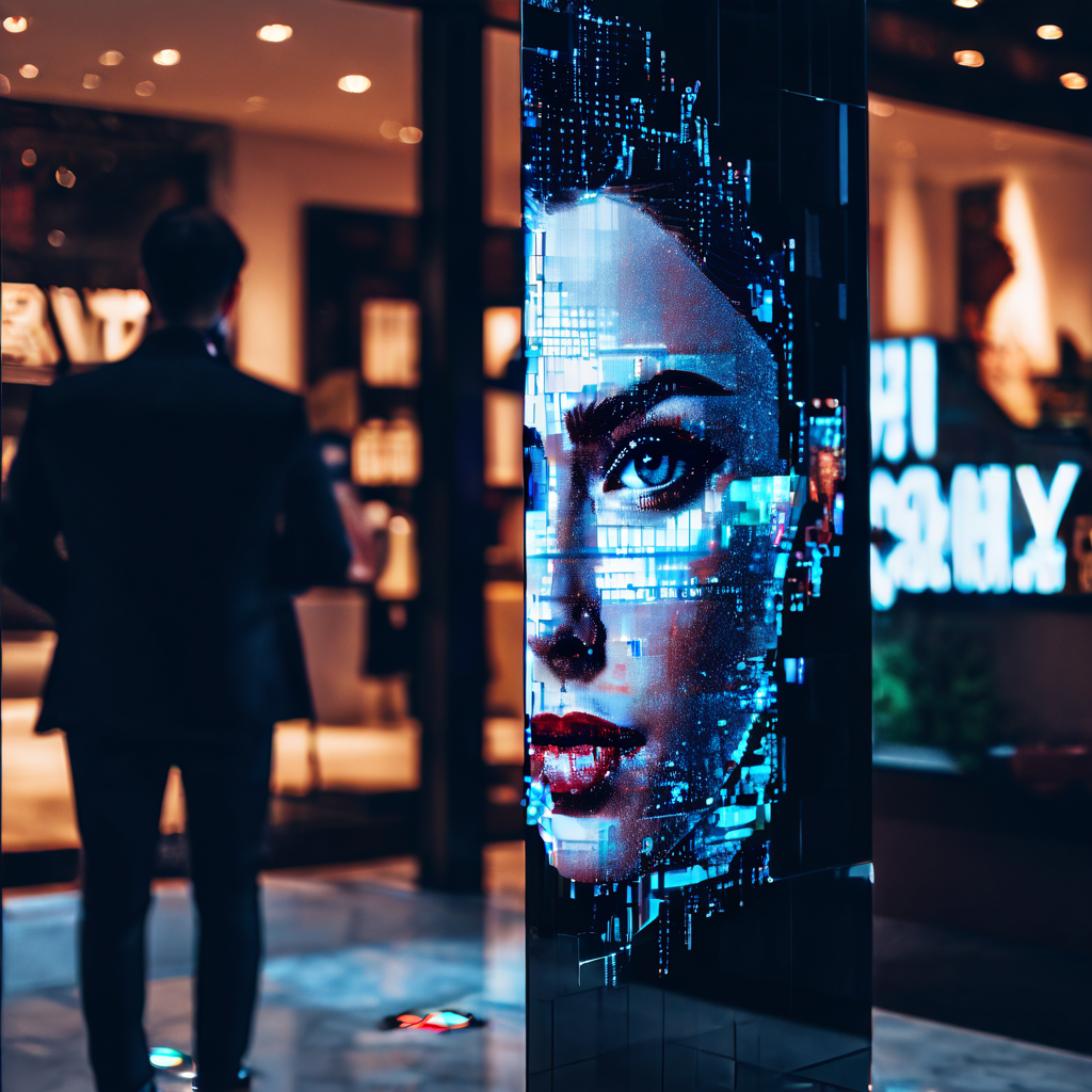 고가의 스마트폰 화면이 심하게 파손되어 픽셀화되고 오작동하는 명품 브랜드 로고가 표시되며, 이를 바라보며 실망한 표정의 소비자가 실망감을 드러내고 있습니다.