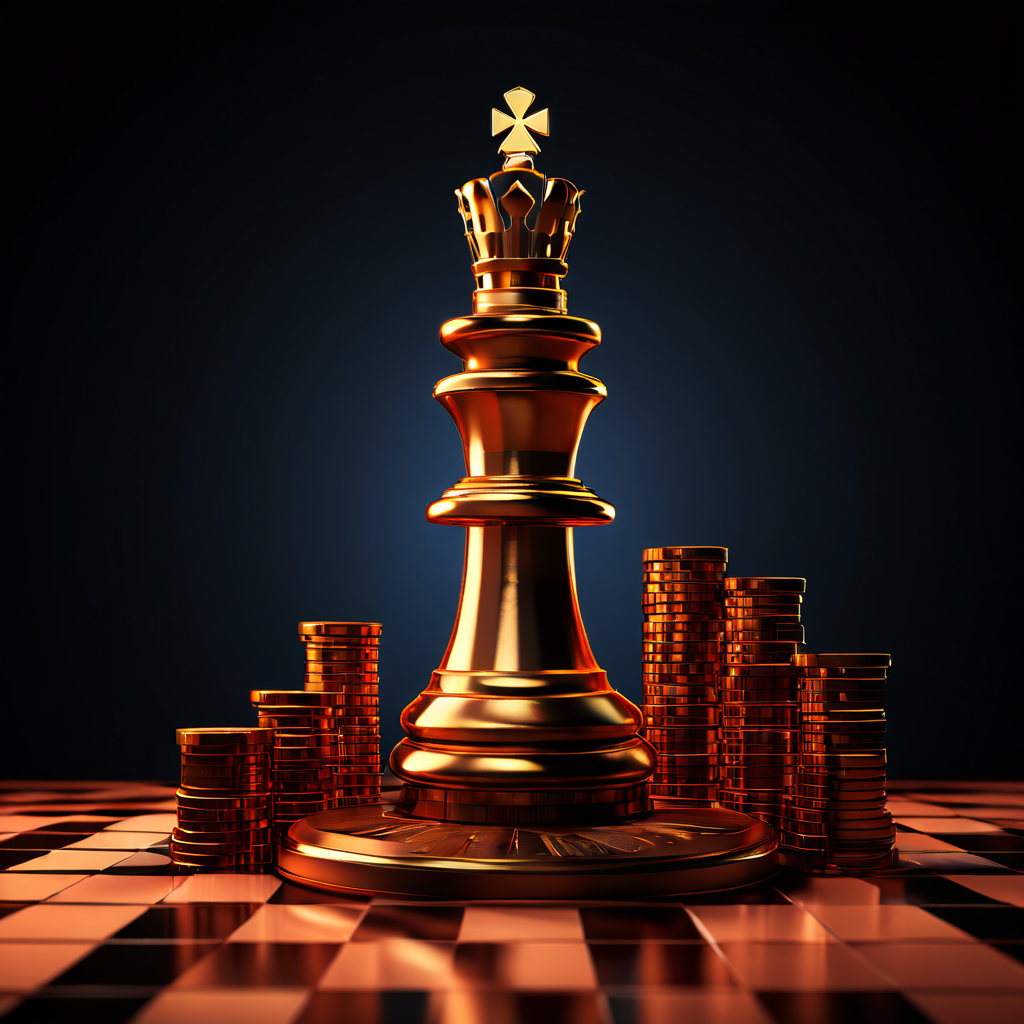 카지노 칩이 쌓여 형성된 3차원 그래프 위에 전략적 그림자를 드리우는 체스 기마 장식이 배치된, 위험 관리와 수익 분석을 상징하는 개념적 시각화 자료입니다.