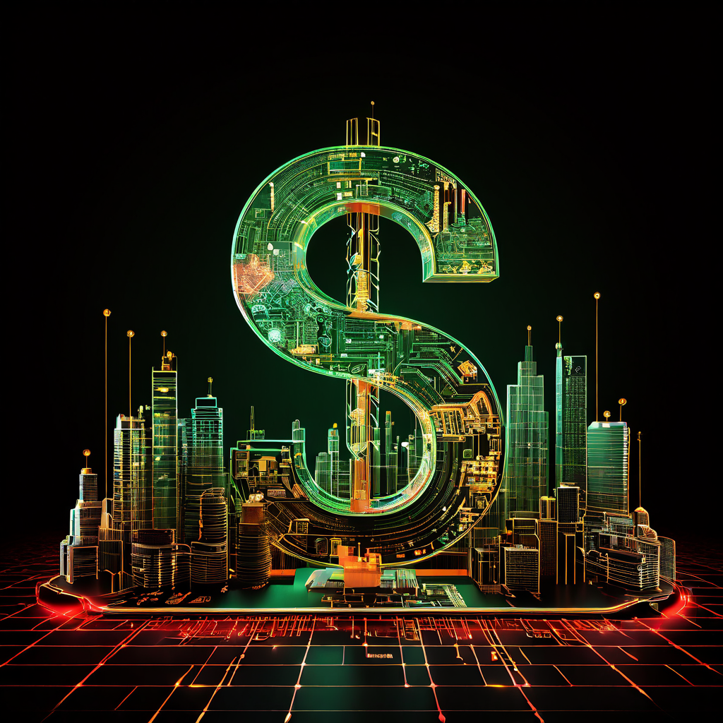 달러 기호가 회로판과 상승하는 그래프로 둘러싸인 디지털 풍경으로 변환되는 과정을 개념적으로 분석한 다이어그램 이미지입니다.