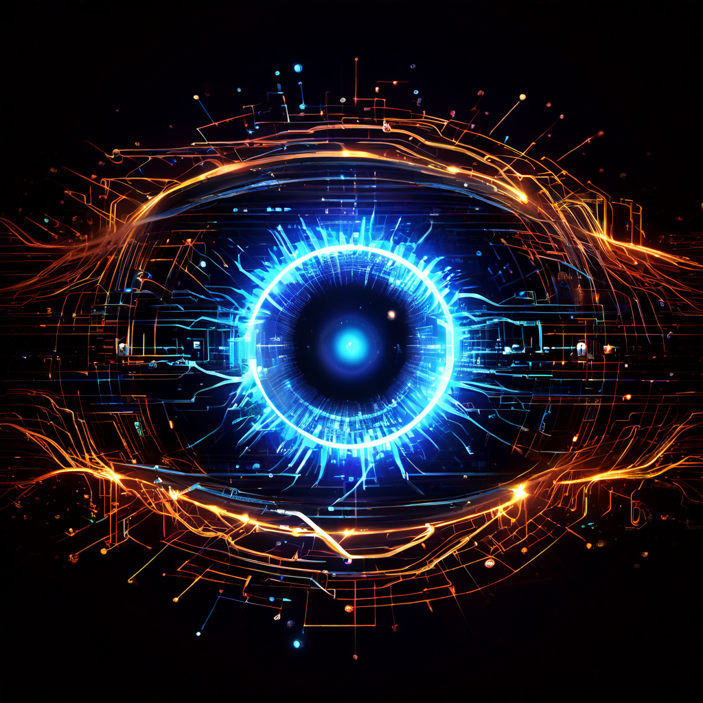 디지털 보안과 데이터 무결성을 상징하는 경계의 눈이 복잡한 네트워크를 통과하는 투명한 데이터 흐름을 감시하는 개념 이미지입니다.