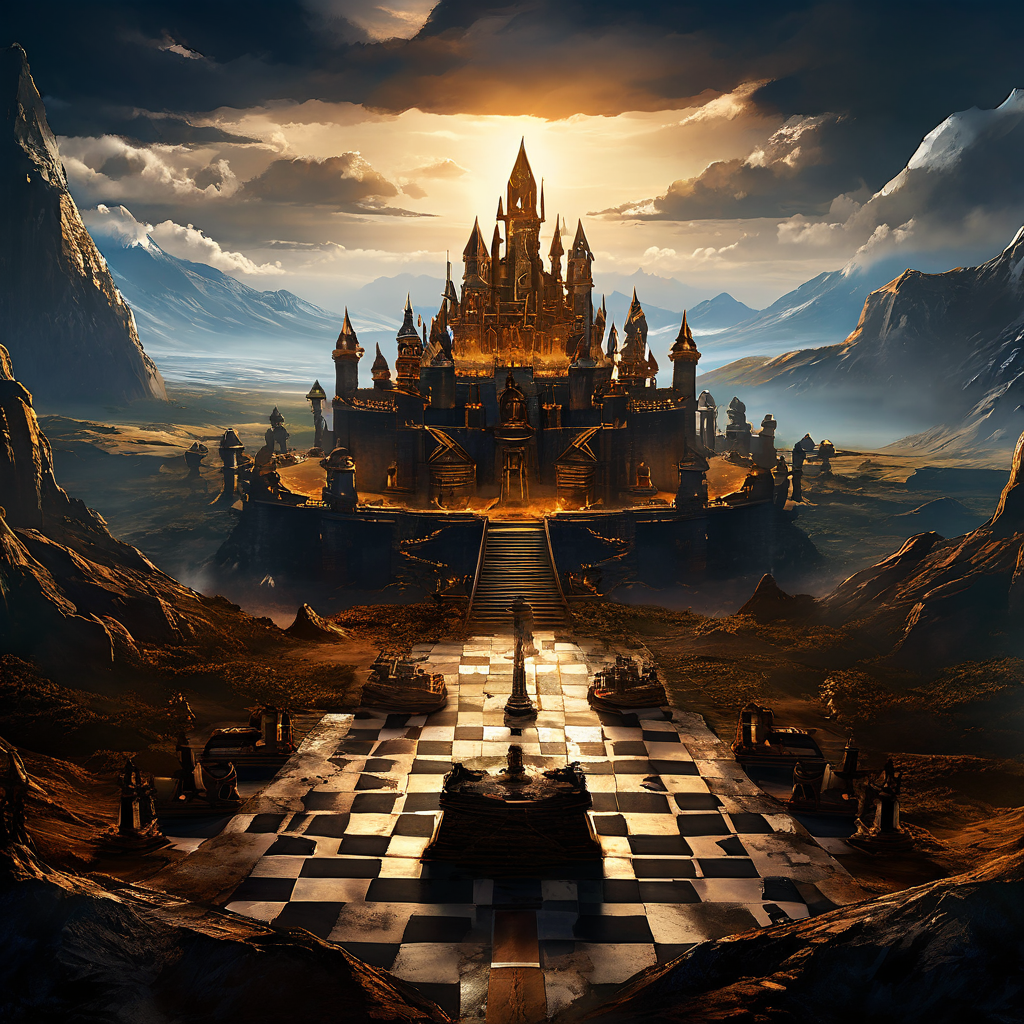 체스판 위 전장에서 왕이 황금 성을 수비하는 동안, 멀리 있는 더 가치 있는 보석 광산이 방치된 전략적 판단의 딜레마를 상징적으로 표현한 이미지입니다.