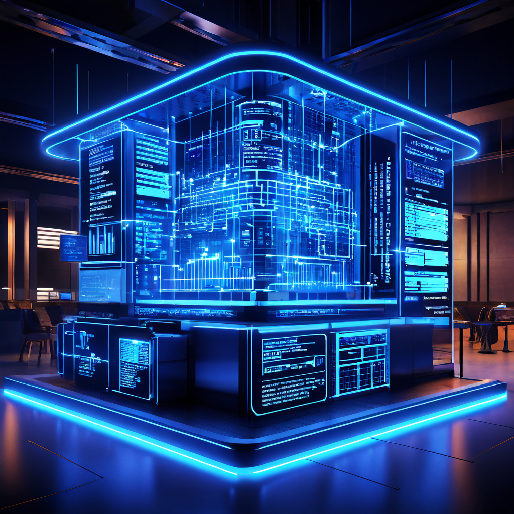 중앙 서버로 유입되는 데이터 흐름이 효율적인 로비 설계도와 공학 도구, 성능 분석 그래프와 함께 통합 관리되는 첨단 데이터 센터 운영 시나리오를 보여주는 이미지입니다.