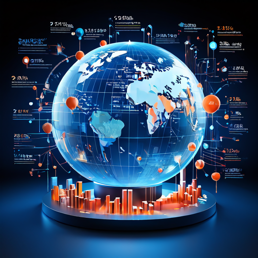 다국어로 연결된 말풍선이 있는 3D 지구본에서 시장 성장을 나타내는 확장되는 파이 차트와 막대 그래프로 화살표가 흐르는 글로벌 비즈니스 커뮤니케이션 및 시장 분석 개념을 시각화한 이미지입니다.