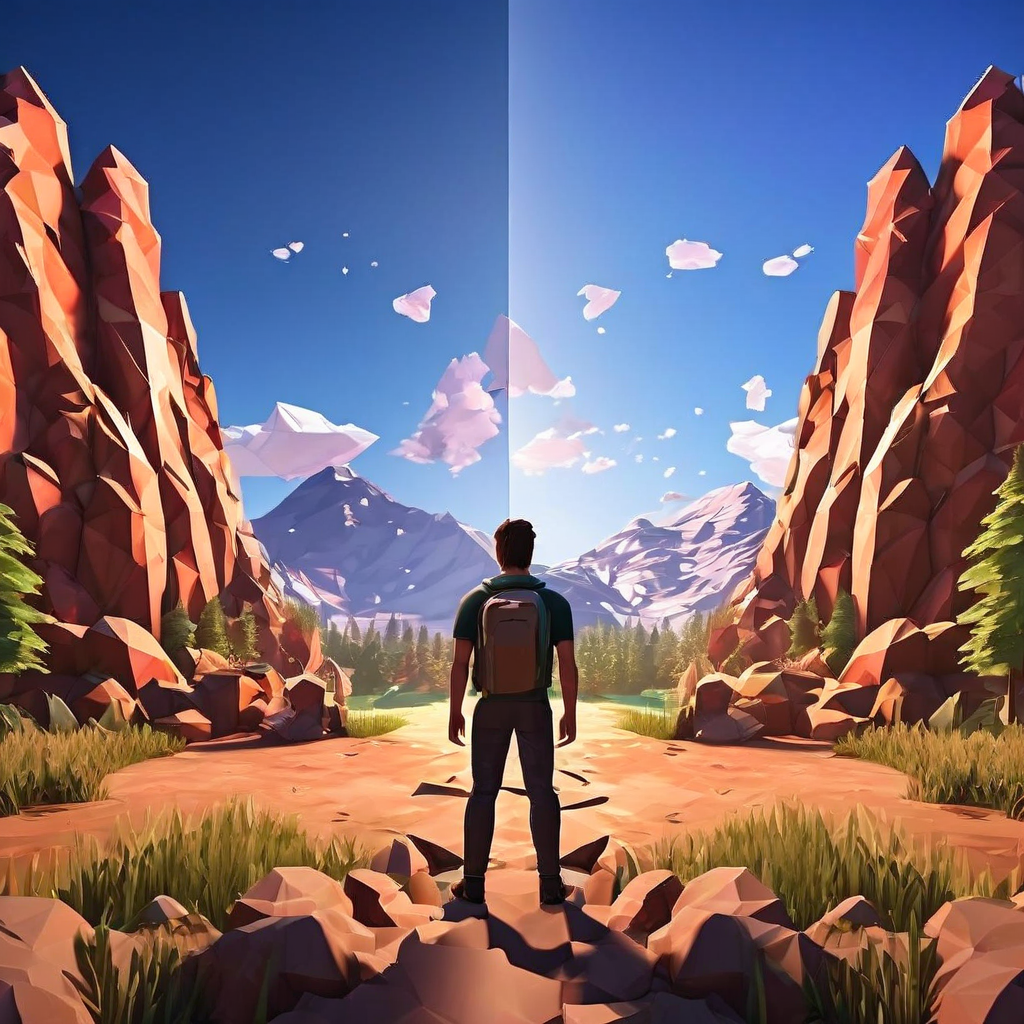 실시간으로 같은 장면을 저폴리곤 스타일과 사실적인 사진 스타일로 각각 보여주며, 한 사람이 두 스타일에 반응하는 감정 변화를 나란히 비교하는 스플릿 스크린 이미지입니다.