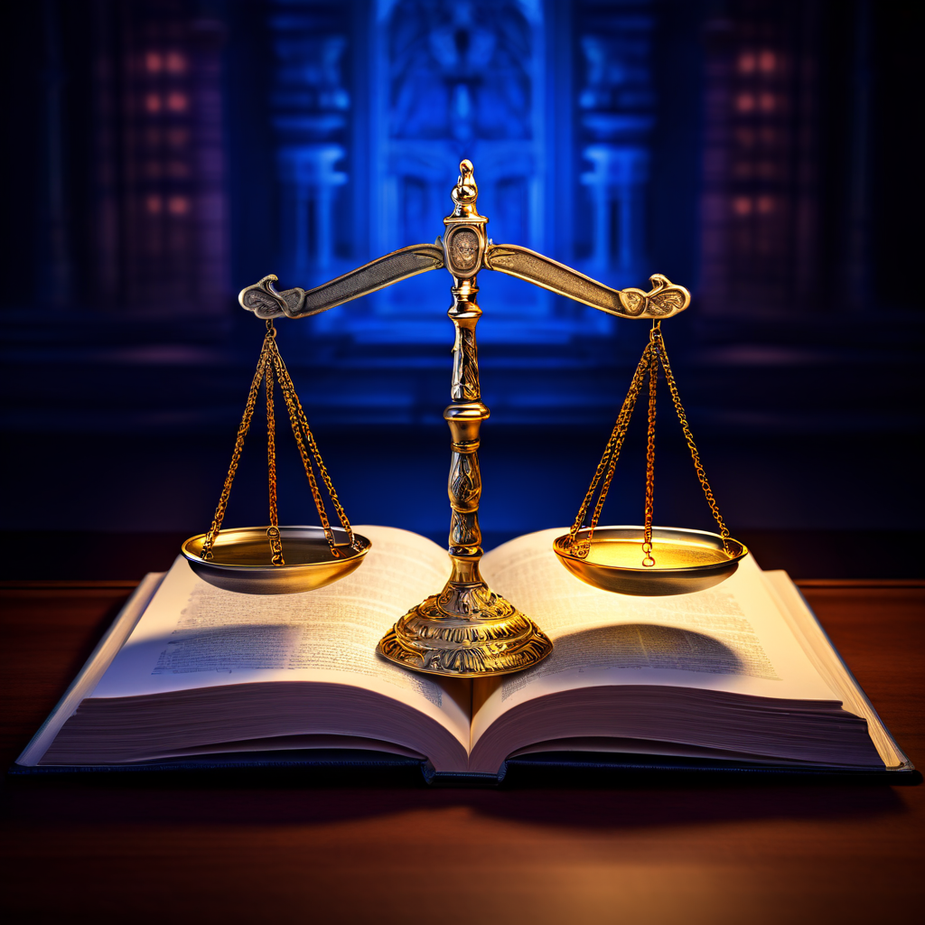 법의 저울이 법전 위에 균형을 이루고 있으며, 구체적인 법률 조문과 실제 판례 예시가 빛나는 아이콘으로 주변에 배치되어 법적 원리와 실무 적용의 조화를 상징적으로 표현한 이미지입니다.