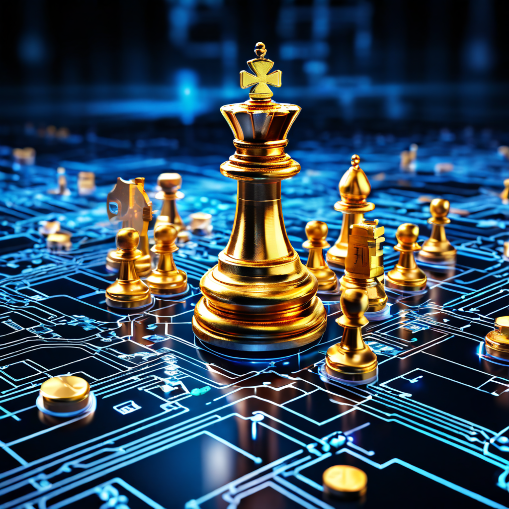 글로벌 금융 허브를 연결한 세계 지도 회로판 위에서 전략적 체스 말이 이동하며 디지털 화폐 흐름과 승인 표시가 자동으로 활성화되는 블록체인 기반 국제 금융 시스템을 상징적으로 표현한 이미지입니다.