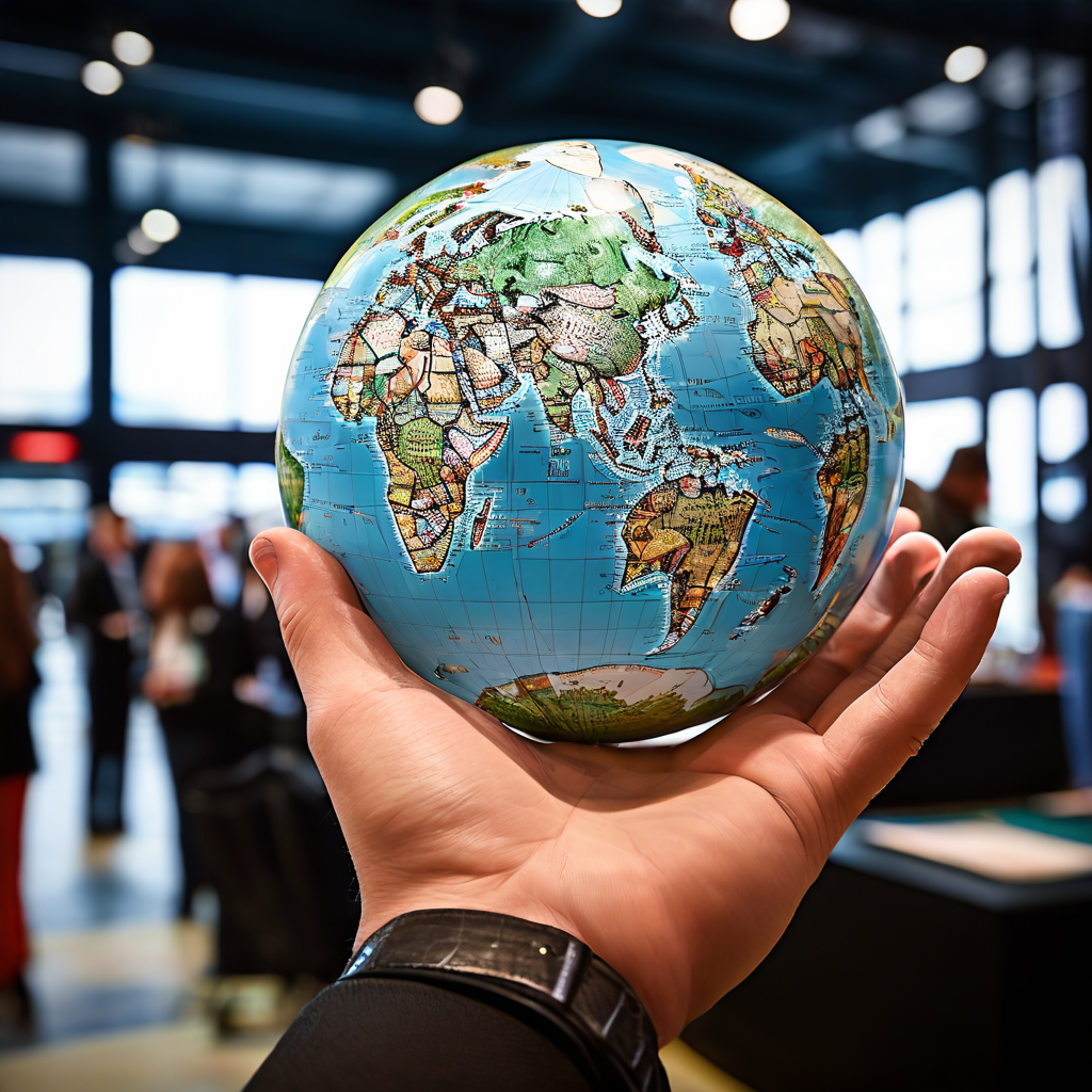 전략이라는 이름의 거대한 기업의 손이 작은 지구를 인수하는 모습을 상징적으로 표현하며, 세계 각국의 문화적 상징이 획일화된 브랜드 로고로 대체되는 글로벌 기업의 문화적 동질화 현상을 보여줍니다.