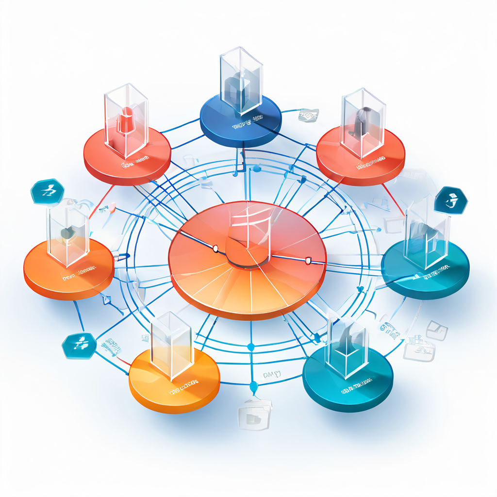 3D 플로우차트로 표현된 포트폴리오 시너지 전략으로, 겹쳐진 원형 포트폴리오들이 화살표와 빛줄기로 연결되어 교차 판매와 협업 효과를 시각적으로 설명합니다.