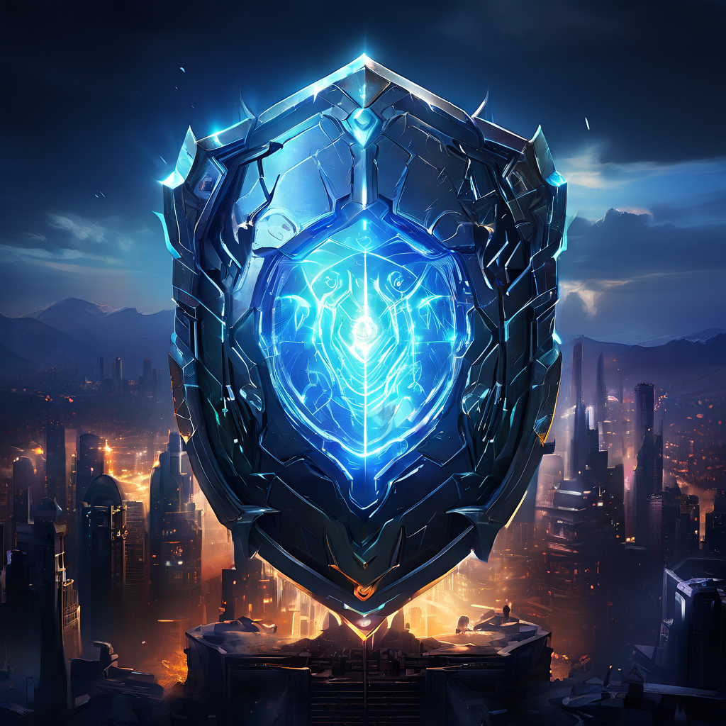 번쩍이는 방패 한가운데 경계의 눈이 자리 잡고, 그 아래로 번창하는 디지털 도시를 보호하는 사이버 보안의 상징적 이미지입니다.