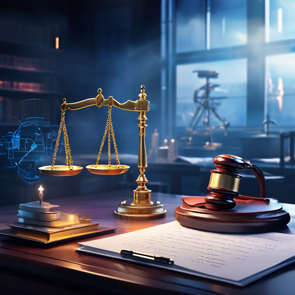 블록체인 원장과 불확실한 질문을 저울질하는 법의 저울을 중심으로 분석 문서와 법관용 망치가 놓인 책상이 법과 기술의 교차점에서 발생하는 복잡한 쟁점을 상징적으로 보여줍니다.