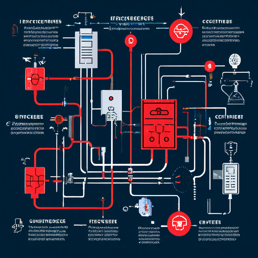 무단 접근 차단 시스템의 핵심 구성 요소인 센서, 중앙 제어 장치, 게이트 같은 물리적 장벽과 차단된 침입 경로를 빨간 선으로 표시한 상세한 구성도입니다.