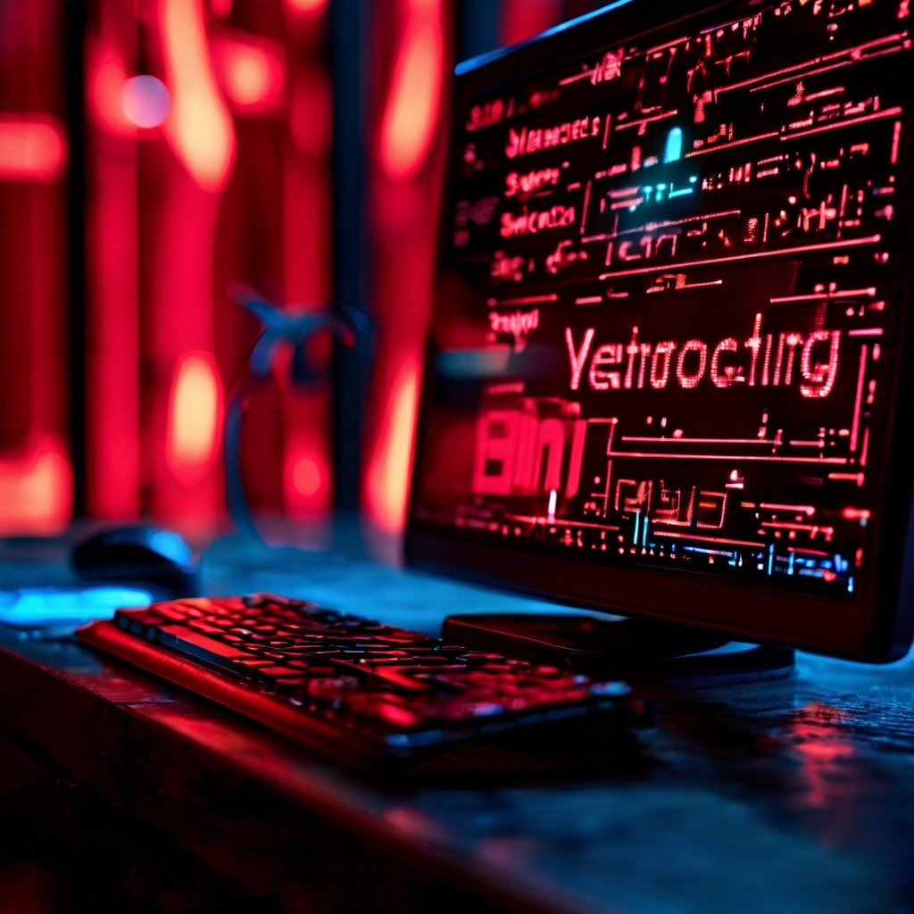 화면에 표시된 빛나는 오류 메시지가 자동화된 검증 프로토콜을 가동시키고, 데이터 스트림과 보안 인증 마크가 흐르는 디지털 보안 시스템을 묘사한 이미지입니다.